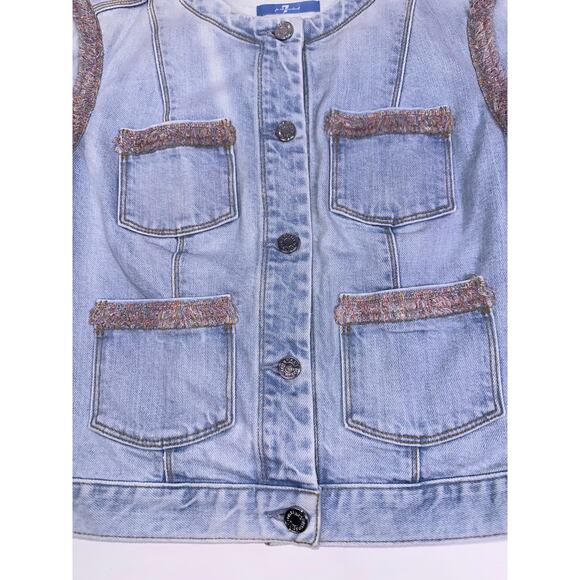 7 For All Mankind Light Wash Blue Denim Jacket Pink Fringe Detail Women’s Size S - Picture 6 of 12